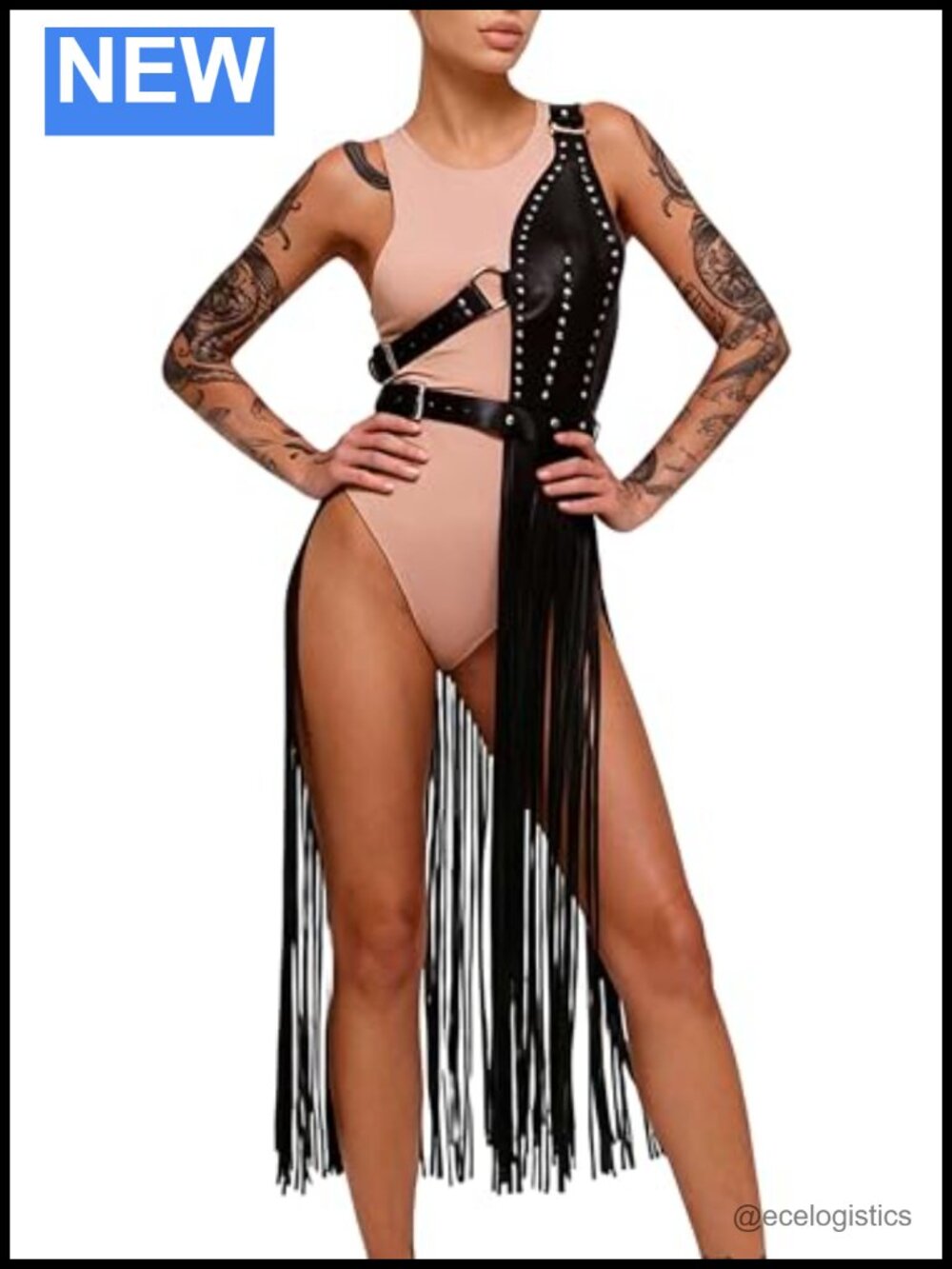 Women's Faux Leather Fringe Body Harness with Adjustable Studded Waist Belt